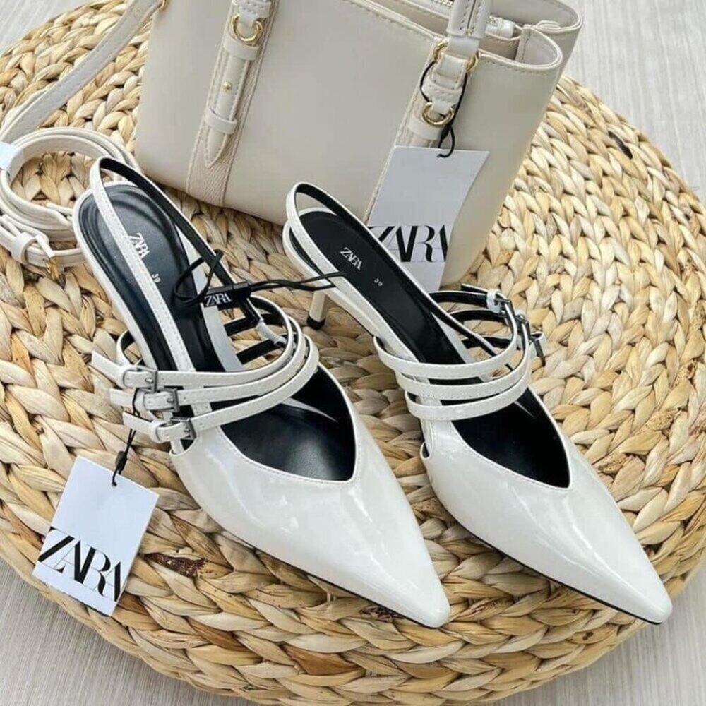 ZARA White Slingback Kitten Heels NWT Pointed Toe Buckle Strap Pumps Size 8 - Picture 9 of 16